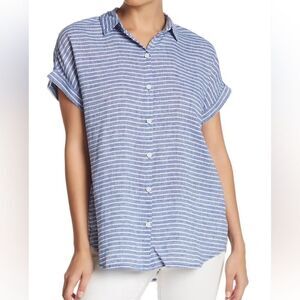 beachlunchlounge Striped Button‑Up Shirt Blue White  Short Sleeve Top Size L
